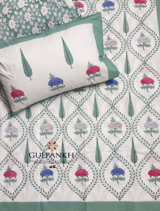 Sage Serenity Hand Block Printed Fitted Bedsheet | Gulpankh Canada