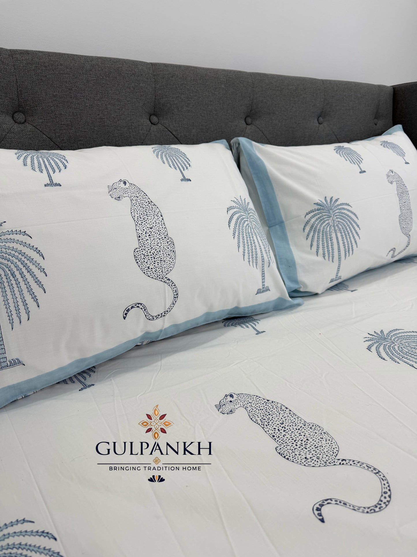 Hand Block Printed King Fitted Bedsheet - Neel Baagh Vatika | Gulpankh Canada