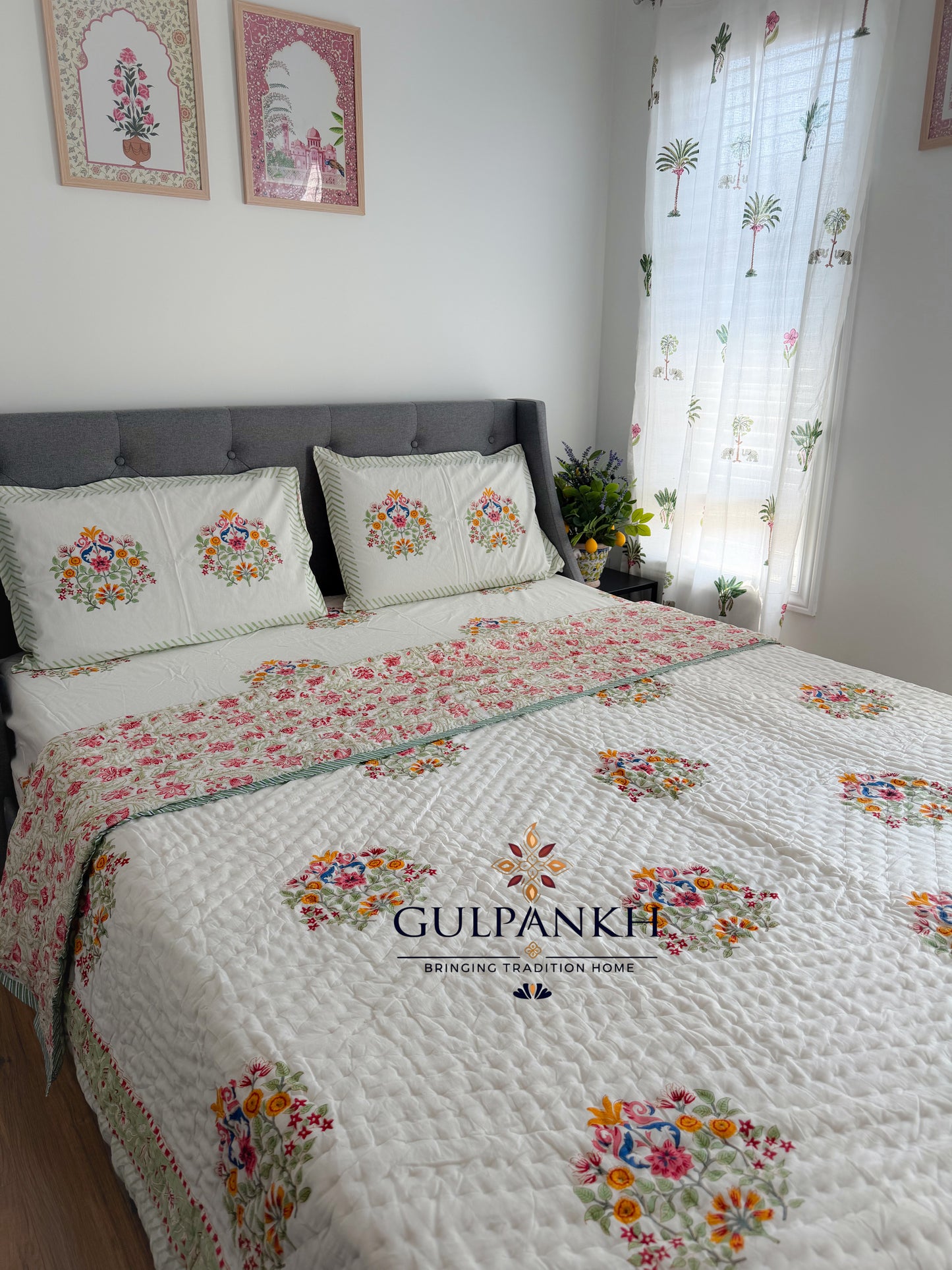Hand Block Printed Cotton Bedding Set with Quilt - Gulbahar Blossom | Gulpankh Canada