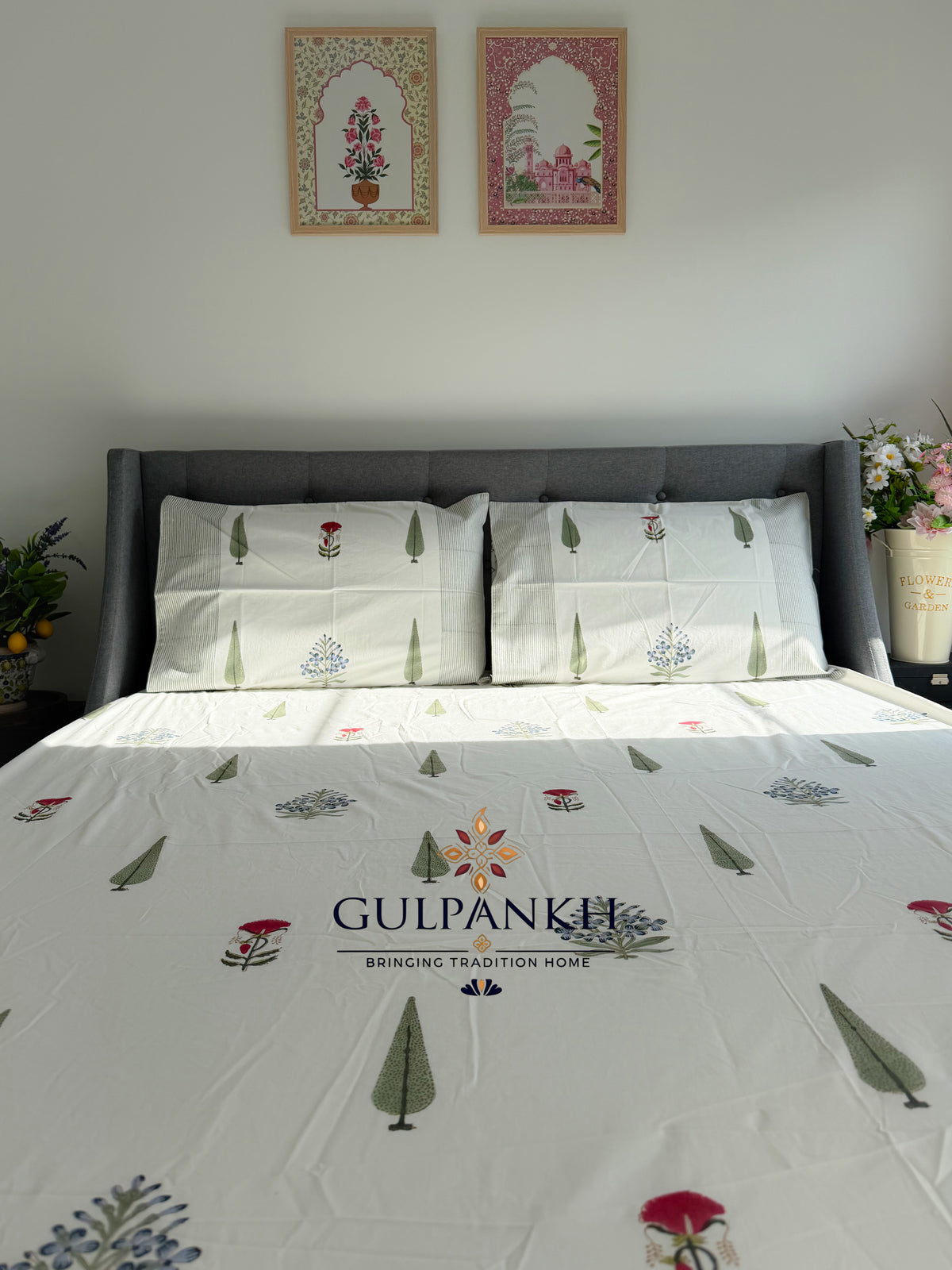 Hand Block Printed 100% Cotton King Fitted Bedsheet – Cypress Blossom | Gulpankh Canada