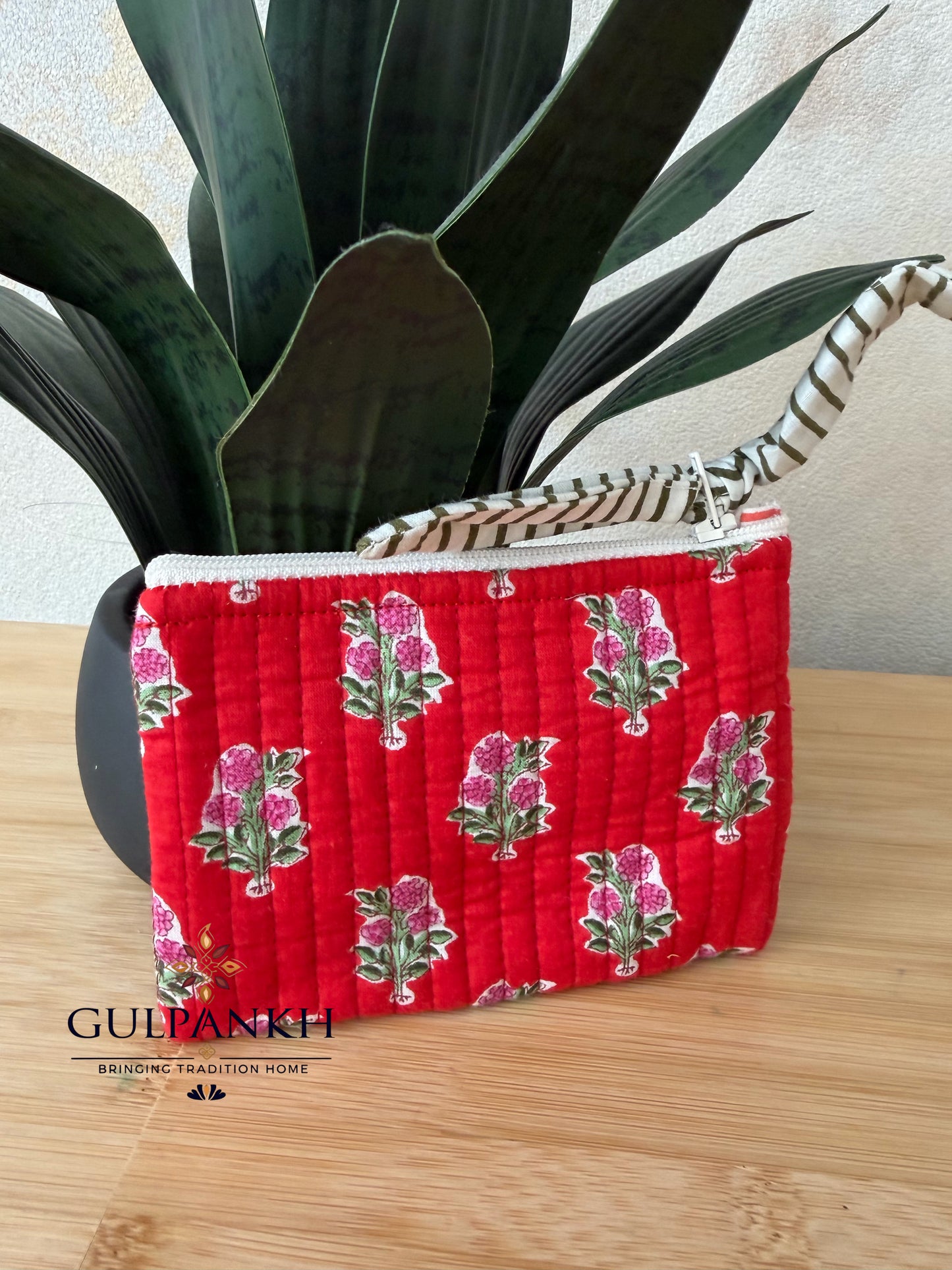 Hand Block Printed Quilted Flat Pouch – Ruby Blossom | Gulpankh Canada