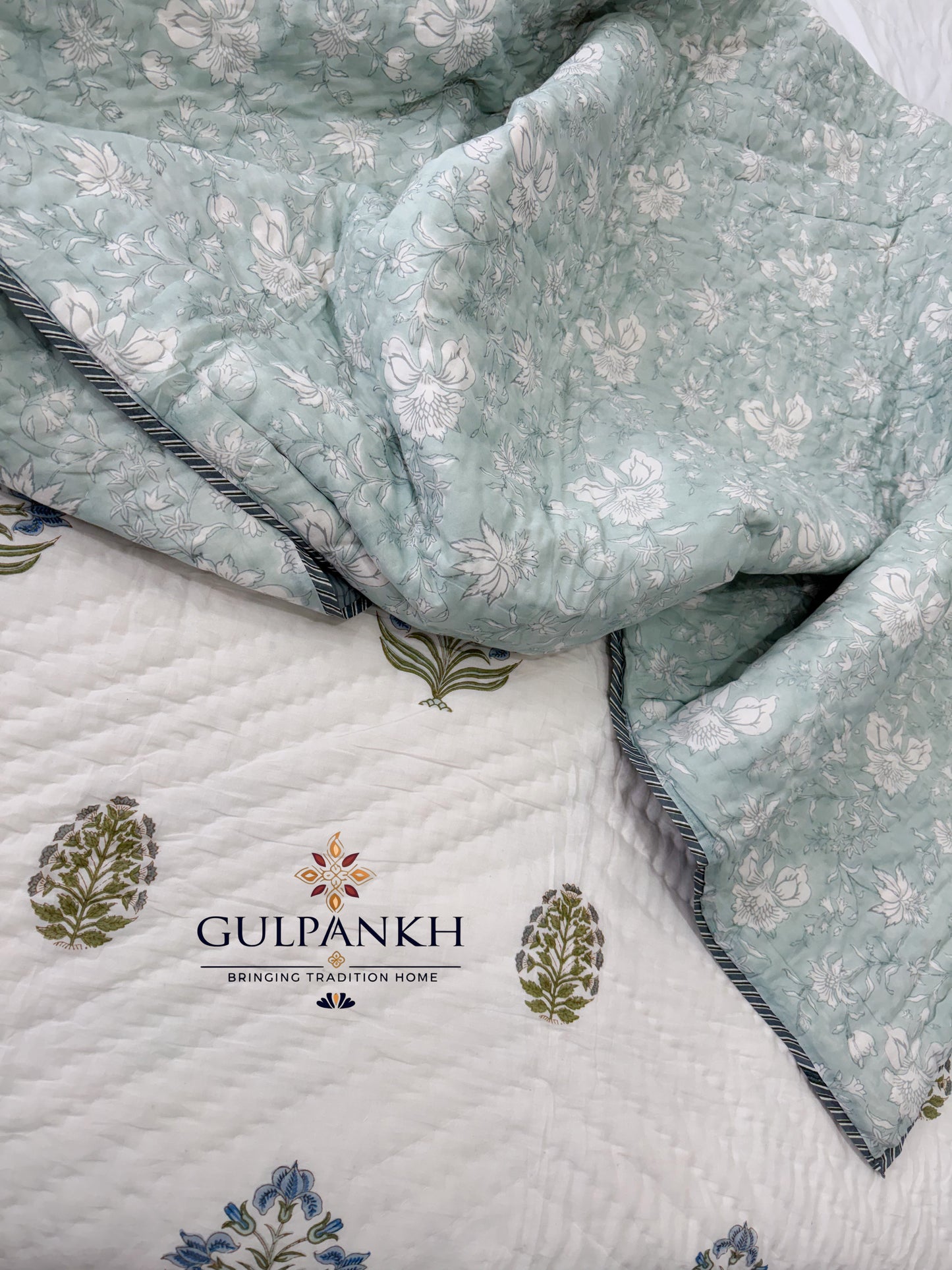 Hand Block Printed Cotton Quilt - Firdaus Bloom | Gulpankh Canada