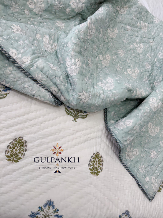 Hand Block Printed Cotton Quilt - Firdaus Bloom | Gulpankh Canada