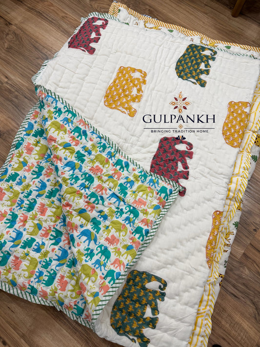 Elephant Carnival Kids Cotton Quilt – Hand Block Printed Kids Bedding | Gulpankh Canada