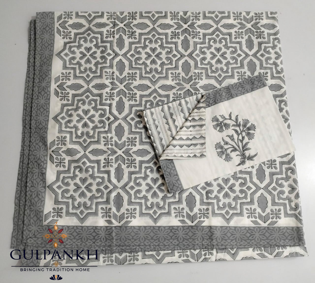 Hand Block Printed King Fitted Bedsheet - Ivory Slate Geometry | Gulpankh Canada