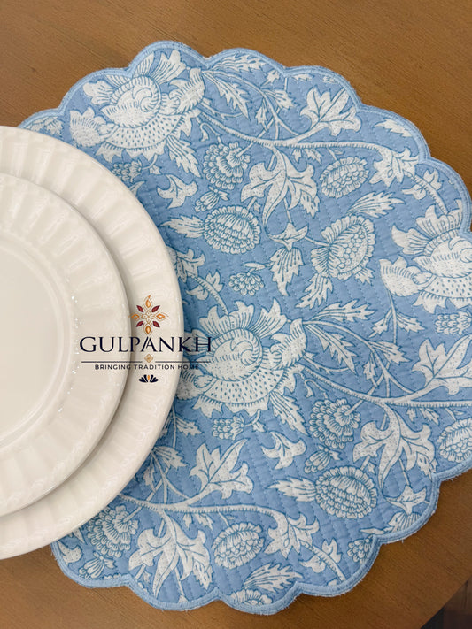 Hand Block Printed Quilted Scalloped Cotton Reversible Placemats - Azure Blossom | Gulpankh Canada