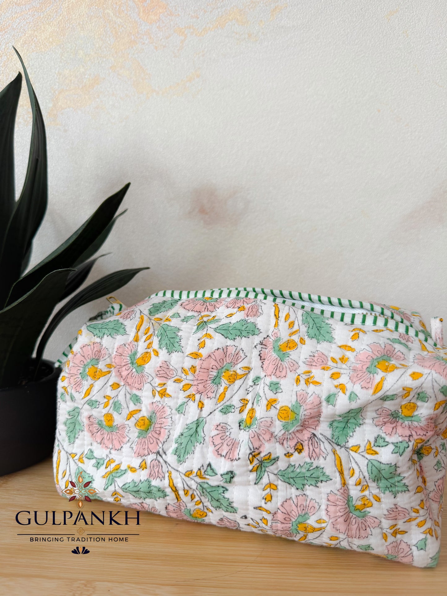 Hand Block Printed Quilted Vanity Bag – Blush Meadow Bloom | Gulpankh Canada