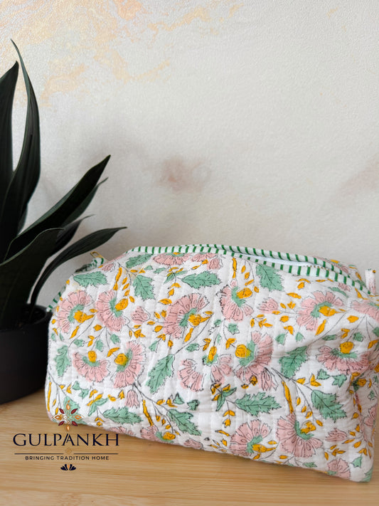 Hand Block Printed Quilted Vanity Bag – Blush Meadow Bloom | Gulpankh Canada