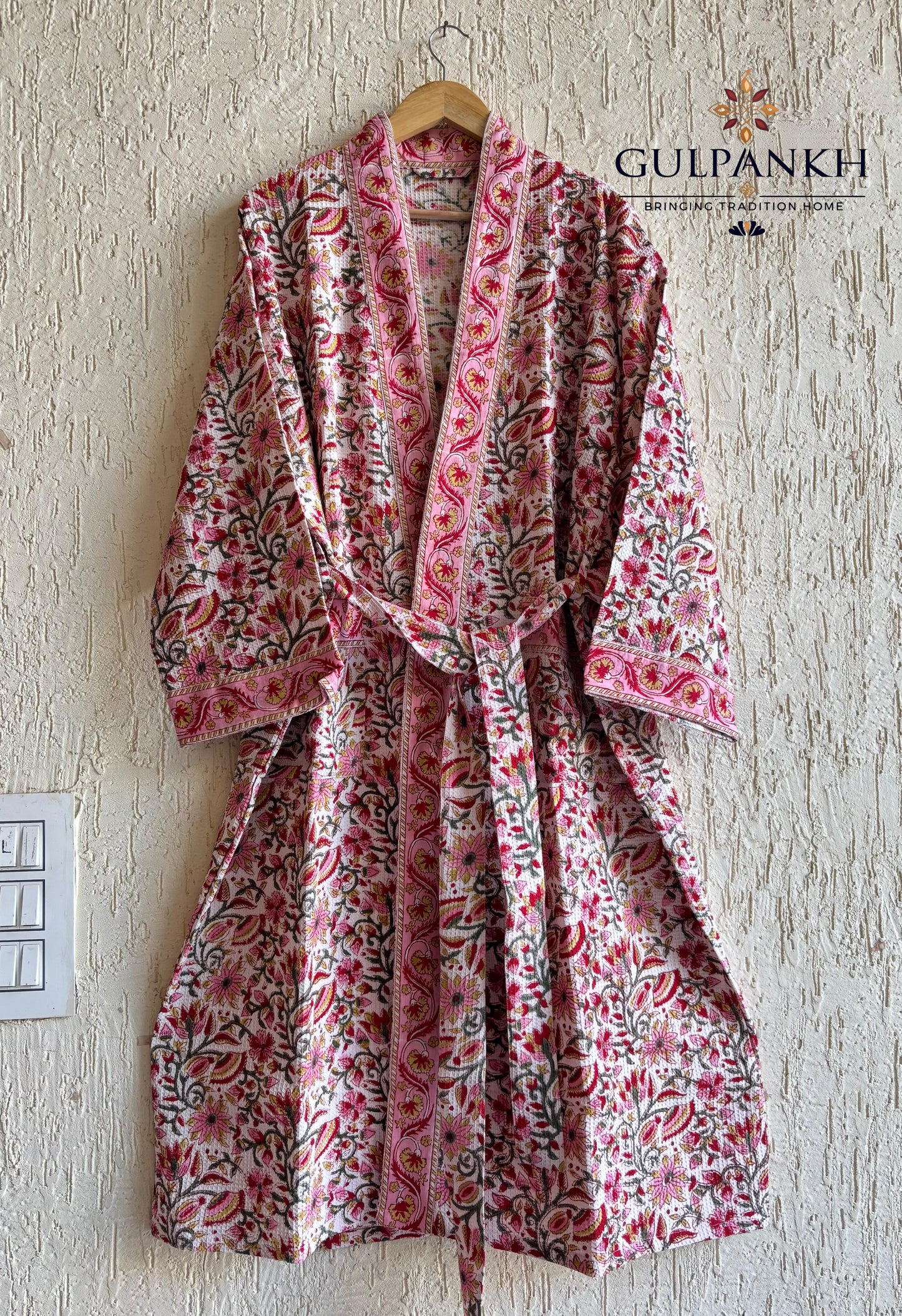 Gulabi Pichwai Hand Block Printed Waffle Cotton Bathrobe – Cotton Spa Robe | Gulpankh Canada