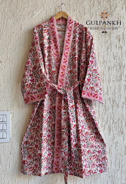 Gulabi Pichwai Hand Block Printed Waffle Cotton Bathrobe – Cotton Spa Robe | Gulpankh Canada