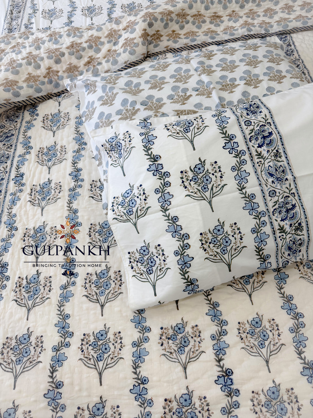 Hand Block Printed Cotton Bedding Queen Set with Quilt - Neel Aangan | Gulpankh Canada