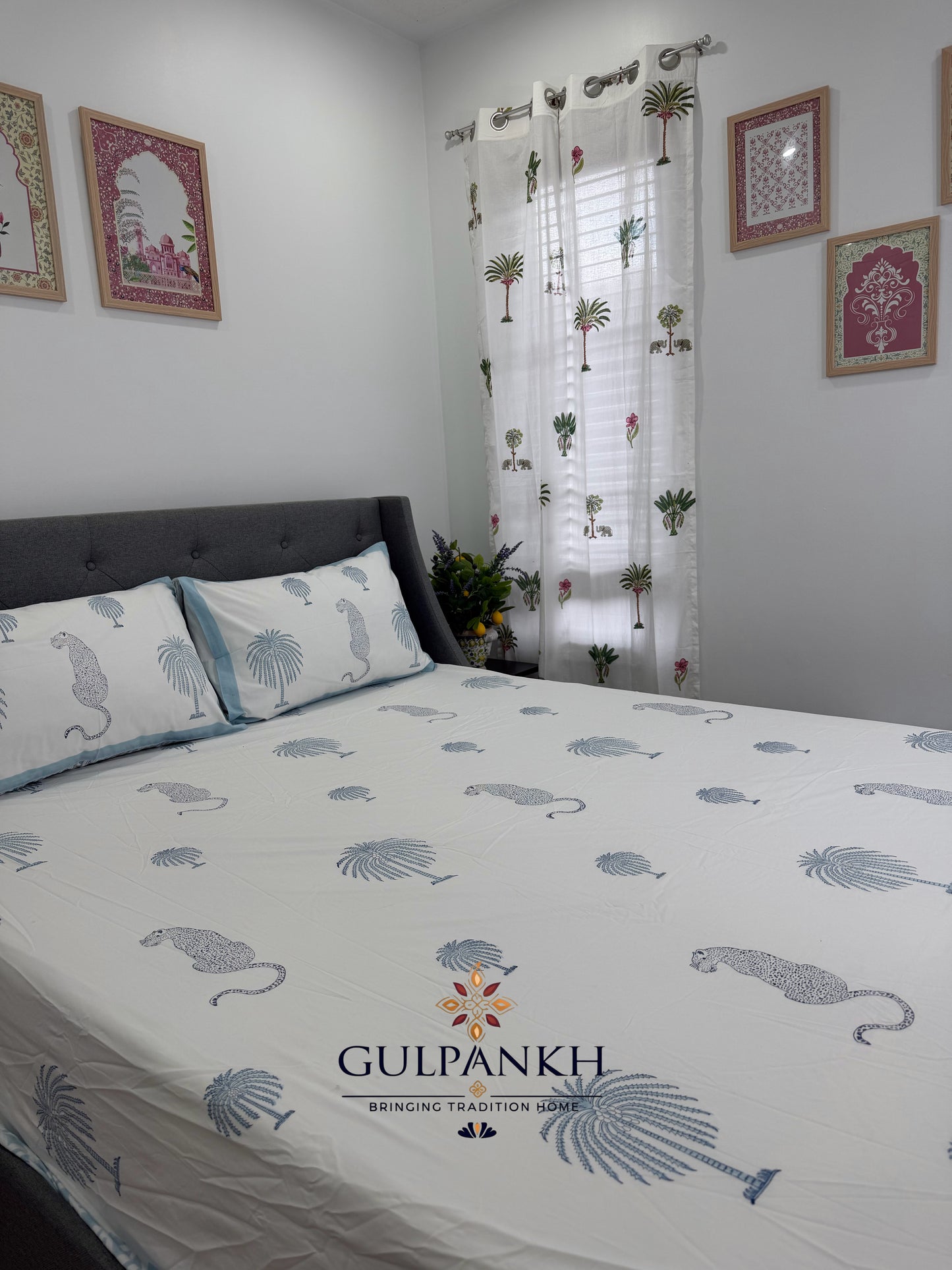 Hand Block Printed King Fitted Bedsheet - Neel Baagh Vatika | Gulpankh Canada