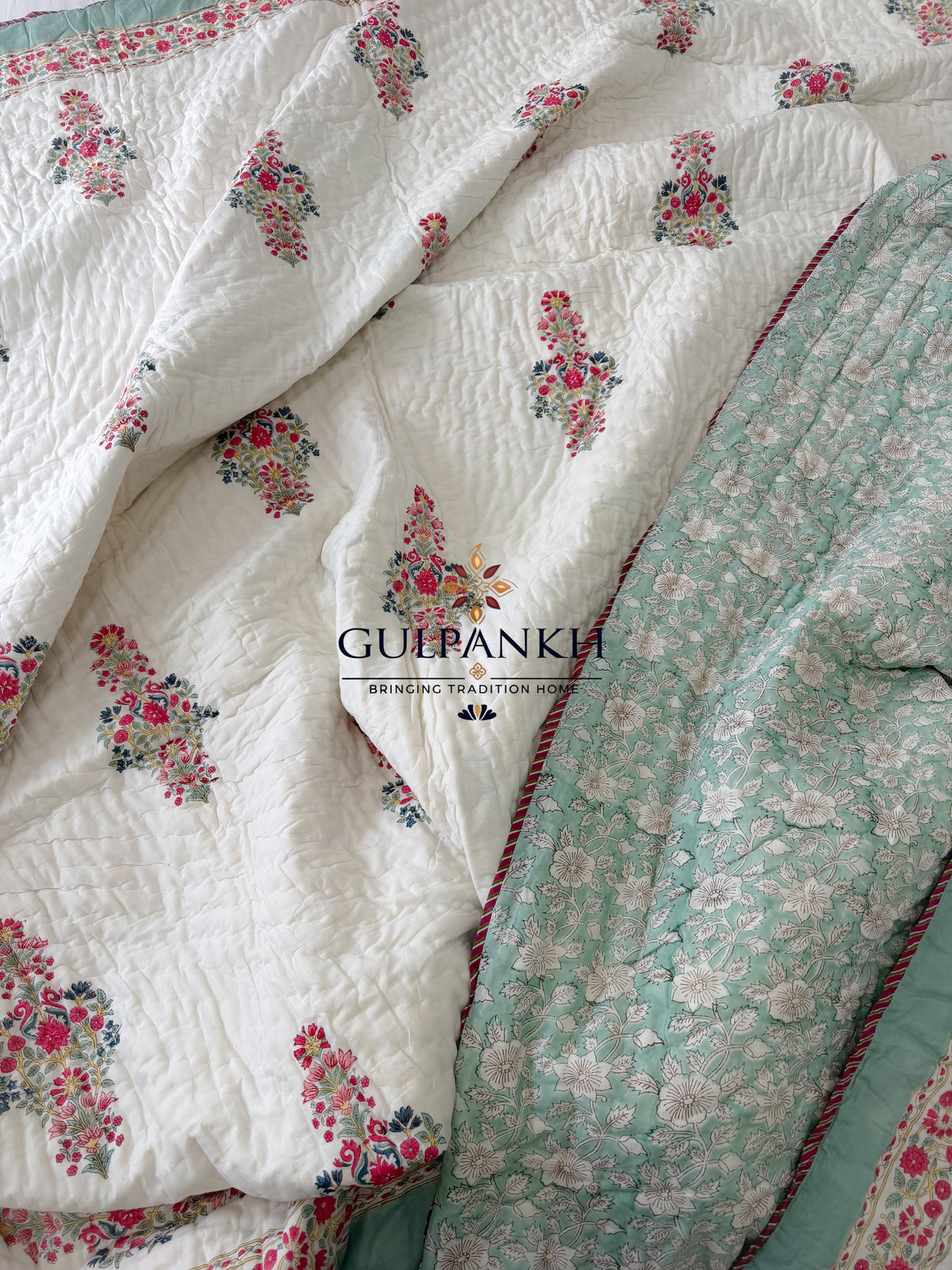Reversible Hand Block Printed Cotton Quilt - Aafreen Mint Gulzar | Gulpankh Canada