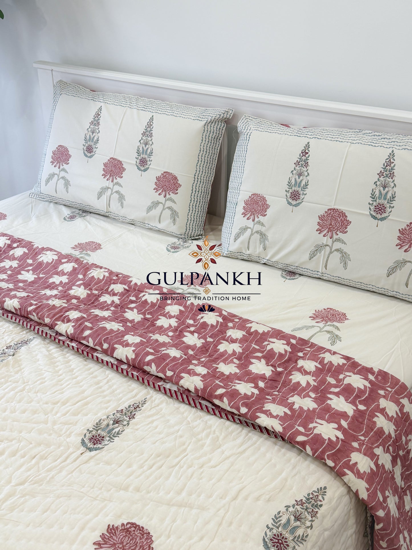 Hand Block Printed Cotton Bedding Set with Quilt - Gulnaar Ivory Bagh | Gulpankh Canada