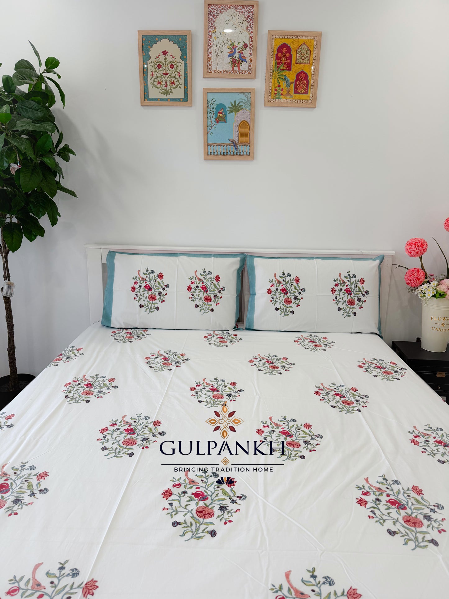 Hand Block Printed King Fitted Bedsheet - Rosé Garden Whisper | Gulpankh Canada