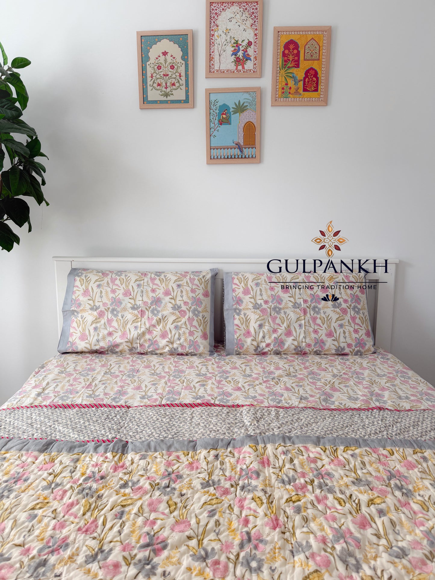 Hand Block Printed Cotton Bedding Set with Quilt - Blush Meadow Luxe | Gulpankh Canada