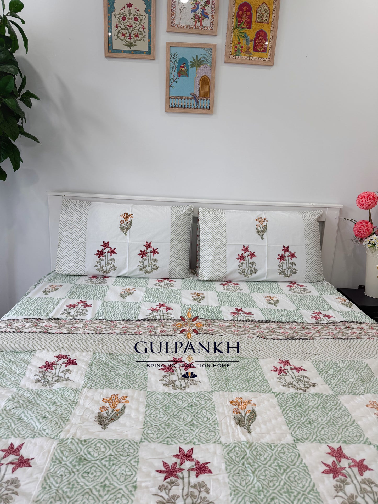 Hand Block Printed Cotton Bedding Set with Quilt - Firdaus Sage | Gulpankh Canada