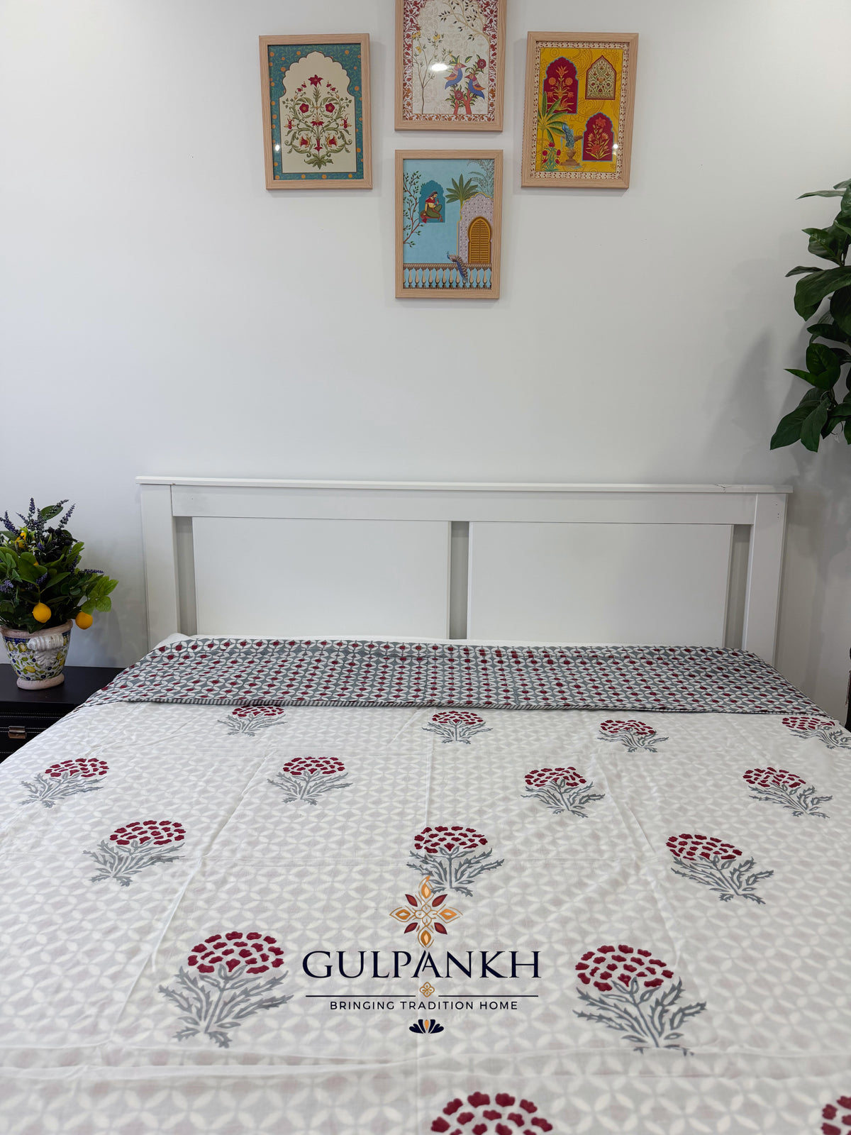 Hand Block Printed King Duvet Cover –  Surkh Gul | Gulpankh Canada