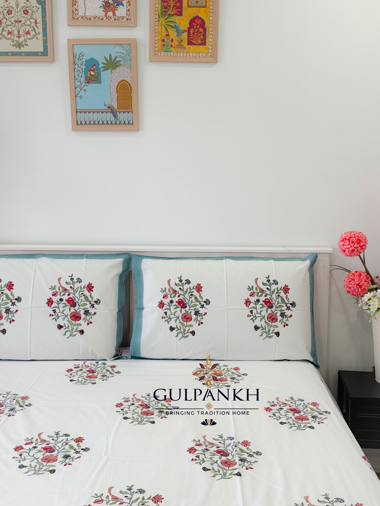 Hand Block Printed King Fitted Bedsheet - Rosé Garden Whisper | Gulpankh Canada