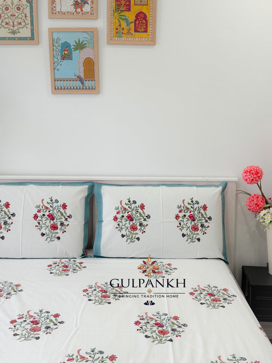 Hand Block Printed King Fitted Bedsheet - Rosé Garden Whisper | Gulpankh Canada