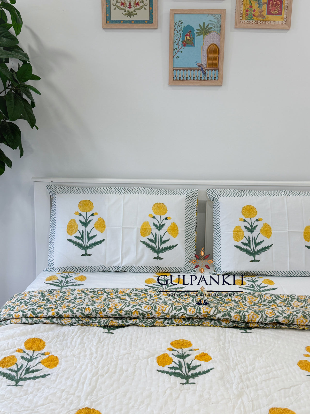 Hand Block Printed Cotton Bedding Queen Set with Quilt - Marigold Bloom | Gulpankh Canada