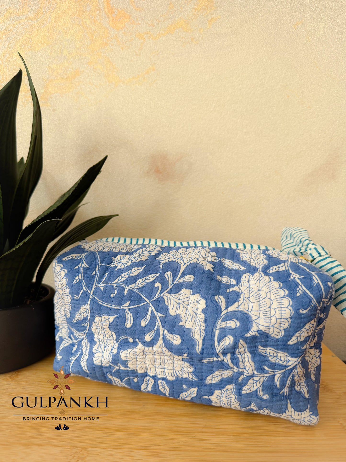 Hand Block Printed Quilted Vanity Bag – Indigo Bloom | Gulpankh Canada