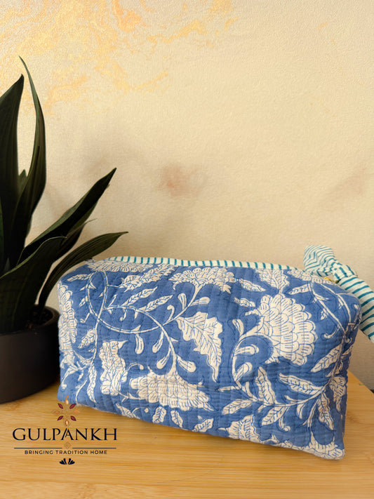 Hand Block Printed Quilted Vanity Bag – Indigo Bloom | Gulpankh Canada