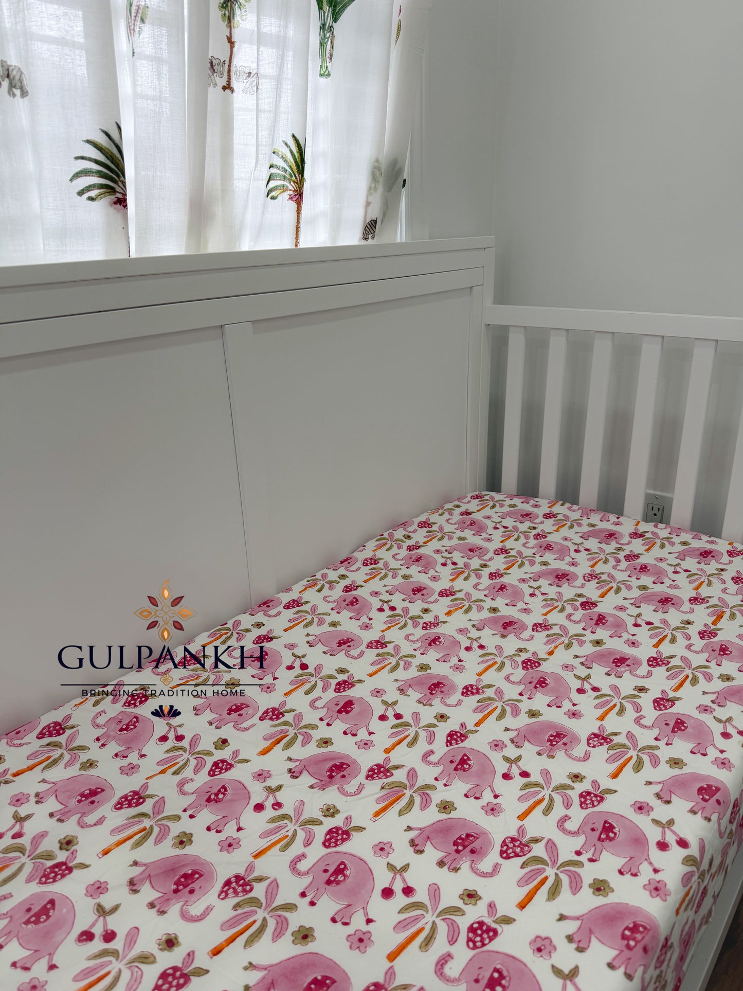 Hand Block Printed Crib Sheet Fitted - Blush Safari Dreams | Gulpankh Canada