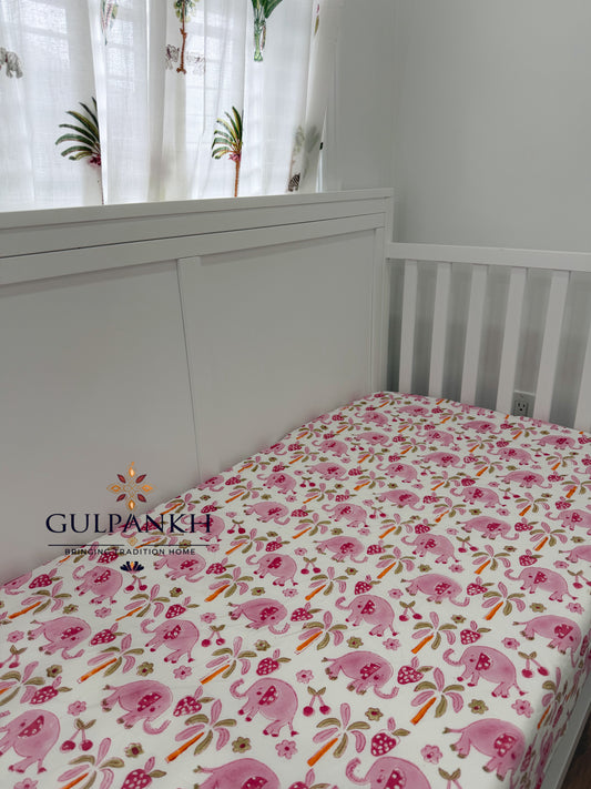 Hand Block Printed Crib Sheet Fitted - Blush Safari Dreams | Gulpankh Canada