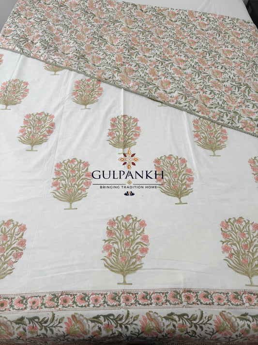 Hand Block Printed Mulmul Cotton Dohar - Blush Blossom Grove | Gulpankh Canada