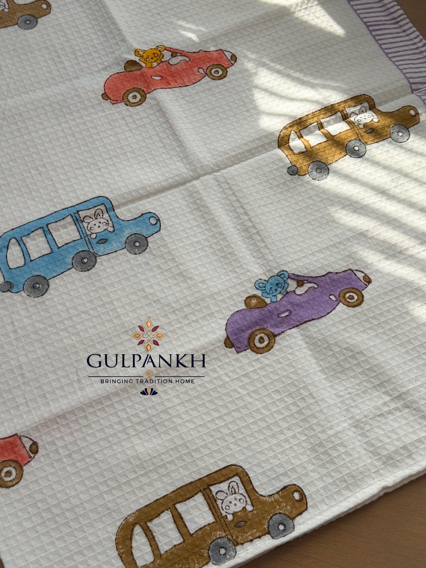 Little Safari Ride Hand Block Printed Waffle Cotton Towel | Gulpankh Canada
