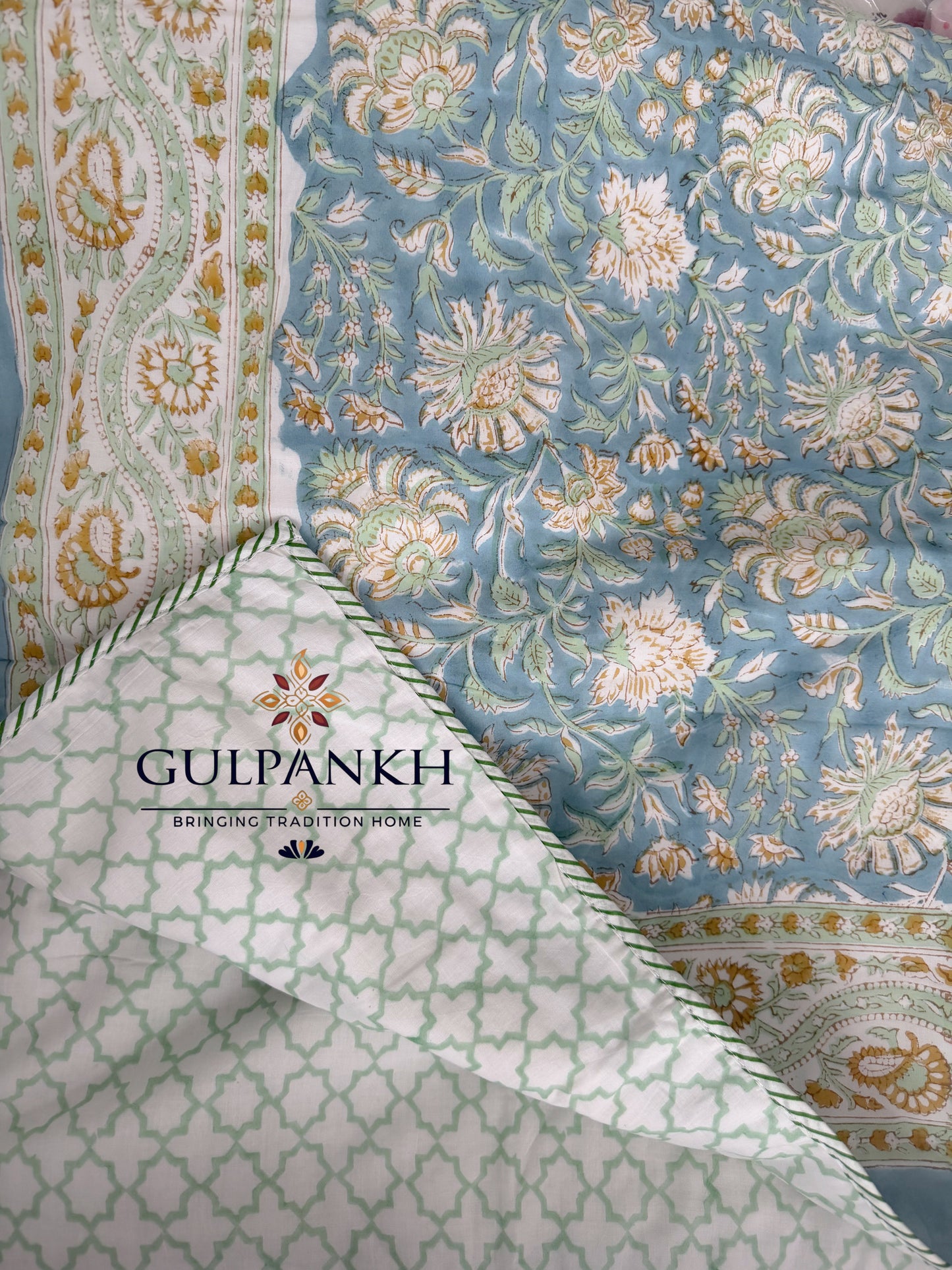 Hand Block Printed Mulmul Cotton Dohar - Seafoam Blossom Haven | Gulpankh Canada