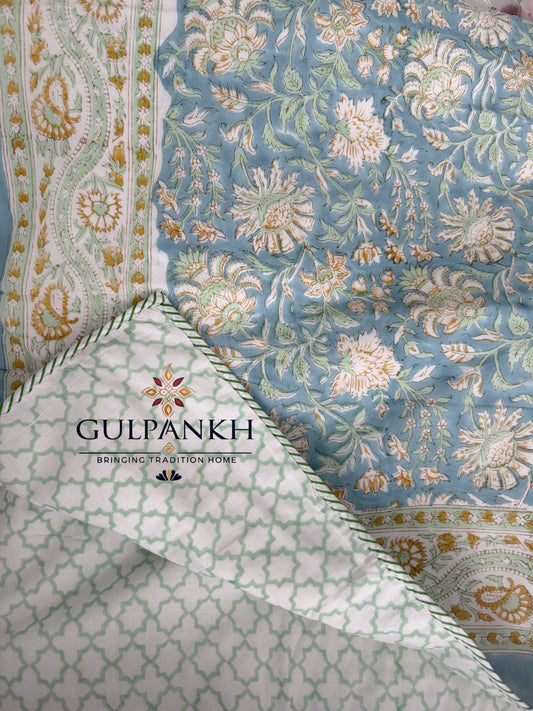 Hand Block Printed Mulmul Cotton Dohar - Seafoam Blossom Haven | Gulpankh Canada