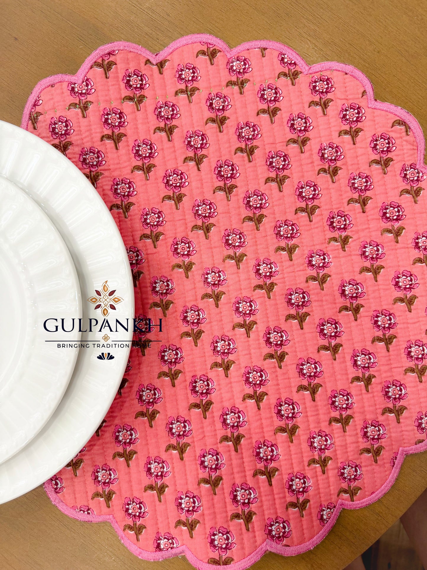 Hand Block Printed Quilted Scalloped Cotton Reversible Placemats - Spring Meadow | Gulpankh Canada