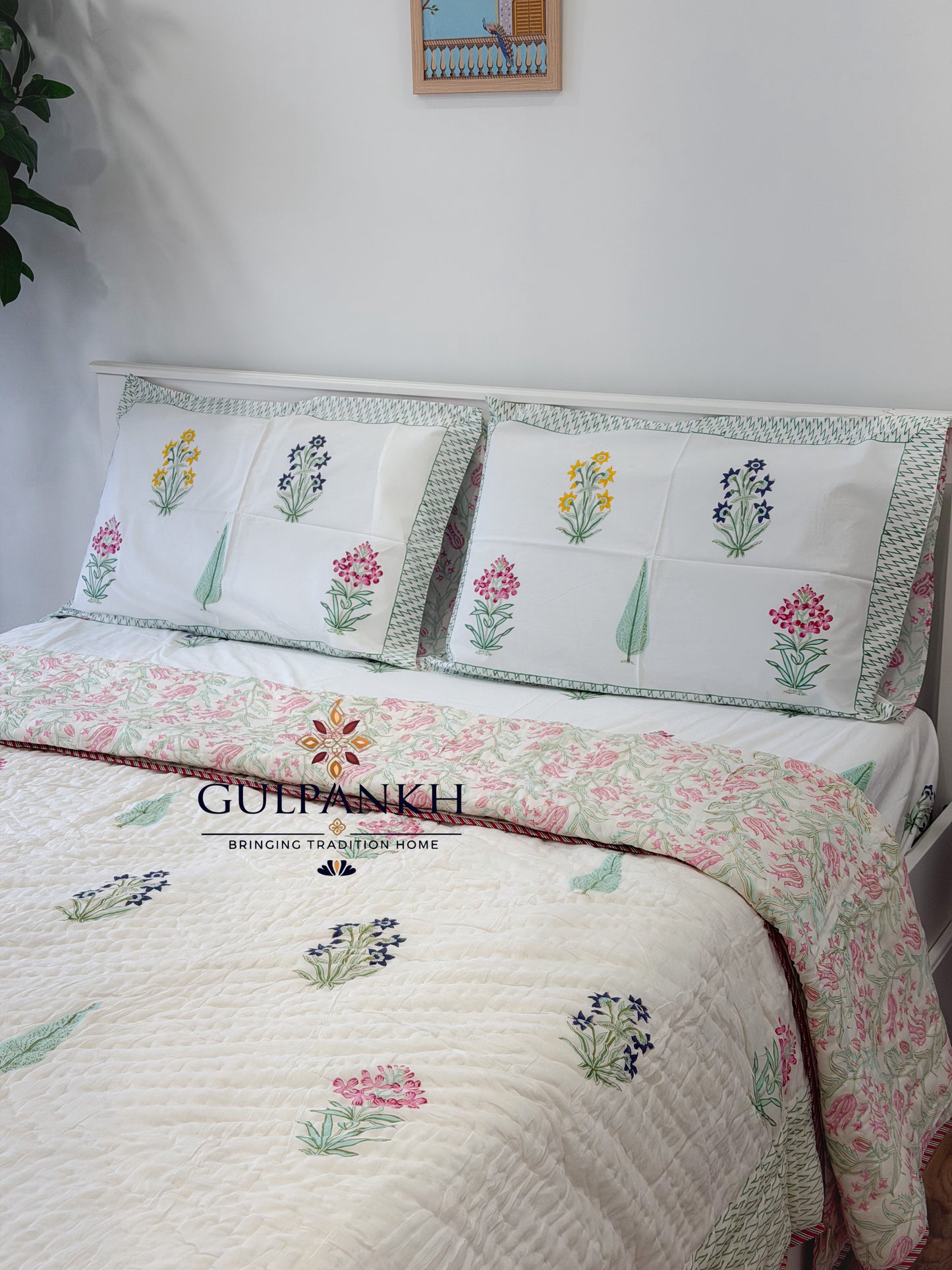 Hand Block Printed Cotton Bedding Set with Quilt - Blush Meadow Bloom | Gulpankh Canada