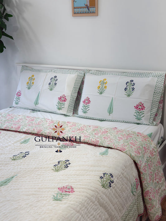 Hand Block Printed Cotton Bedding Set with Quilt - Blush Meadow Bloom | Gulpankh Canada