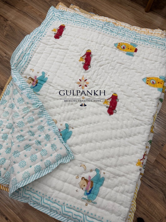 Little Explorer Baby Cotton Quilt – Hand Block Printed Baby Bedding | Gulpankh Canada