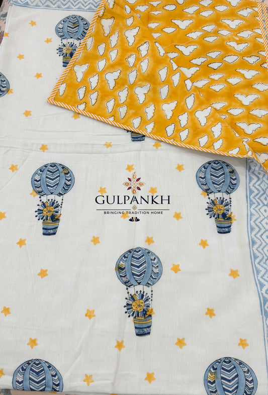 Hand Block Printed Mulmul Cotton Baby Dohar - Skyward Safari | Gulpankh Canada