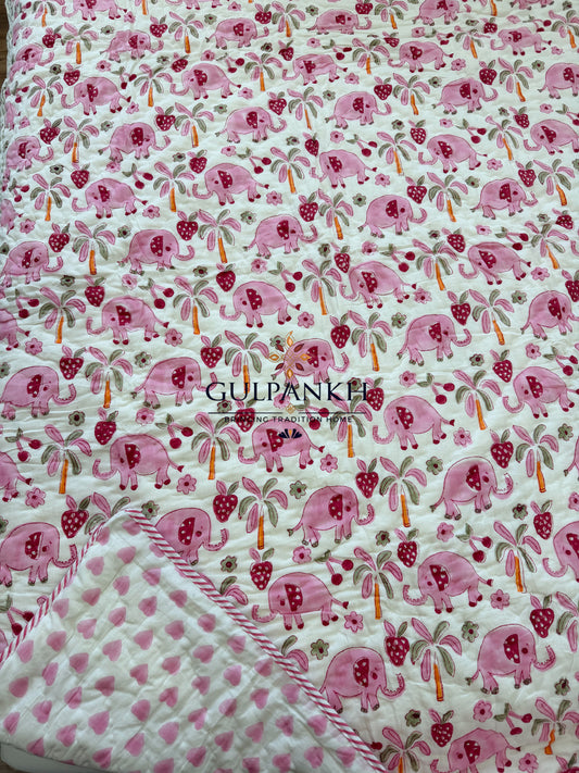 Hand Block Printed Baby Cotton Quilt - Blush Elephant Orchard | Gulpankh Canada
