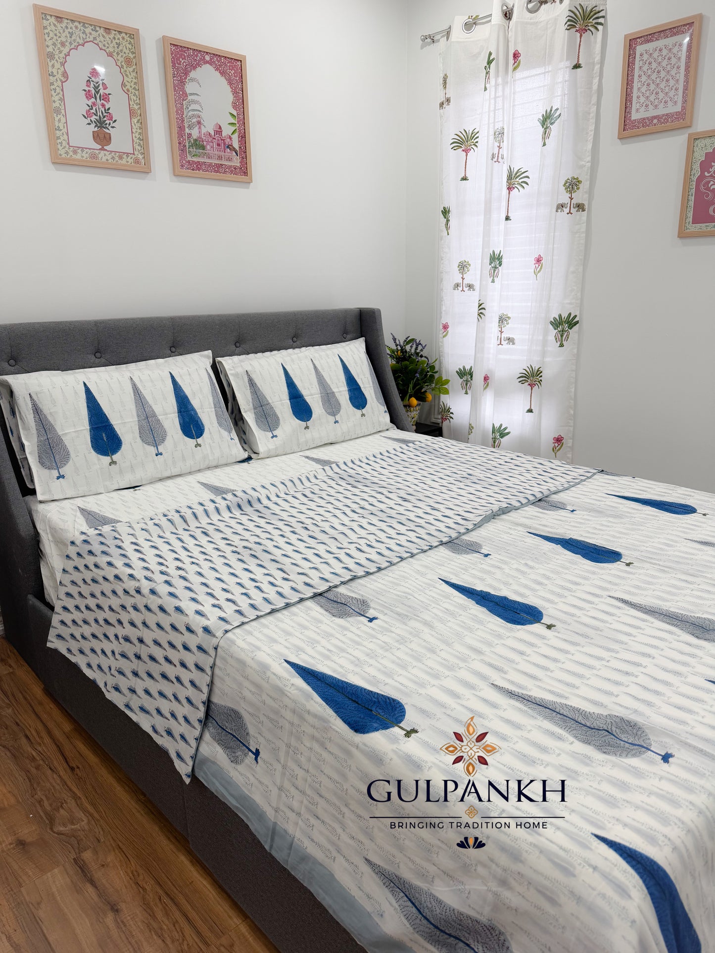 Indigo Grove Hand Block Printed Cotton Bedsheet with Matching Duvet Cover | Gulpankh Canada
