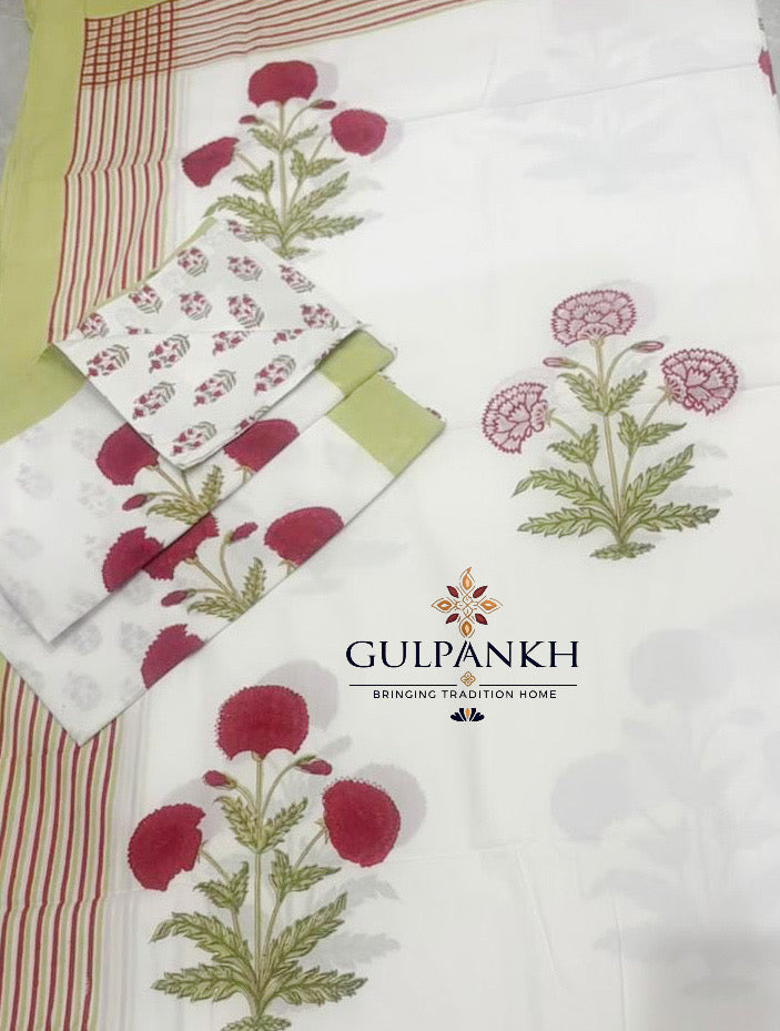 Hand Block Printed 100% Cotton King Fitted Bedsheet – Raspberry Blossom Border | Gulpankh Canada