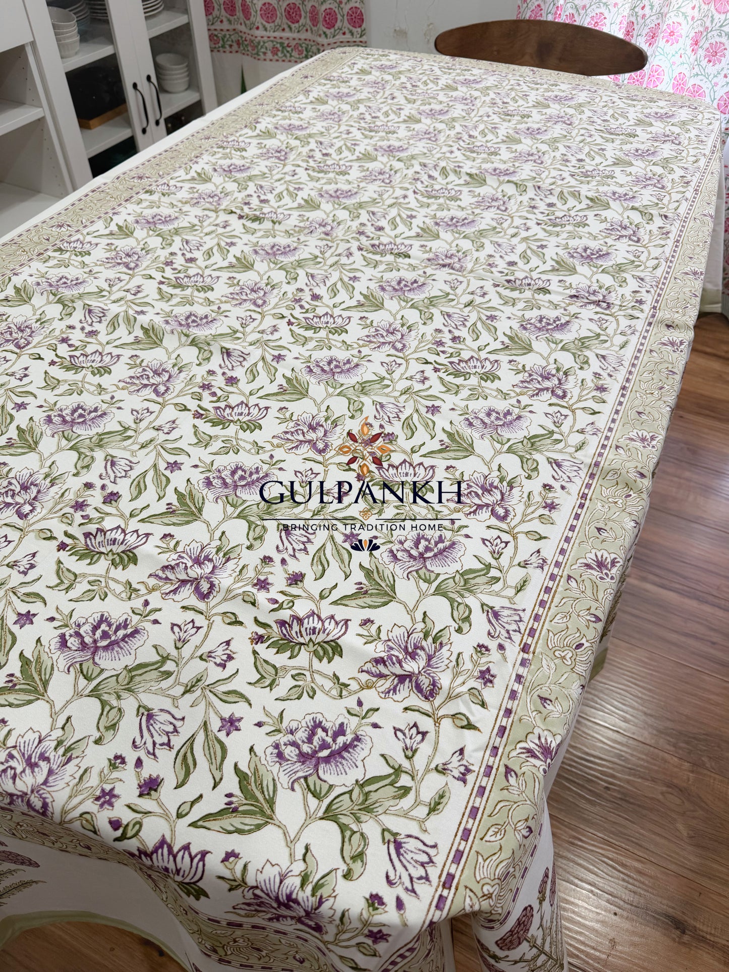 Hand Block Printed Cotton Table Cover - Lavender Meadow Bloom | Gulpankh Canada