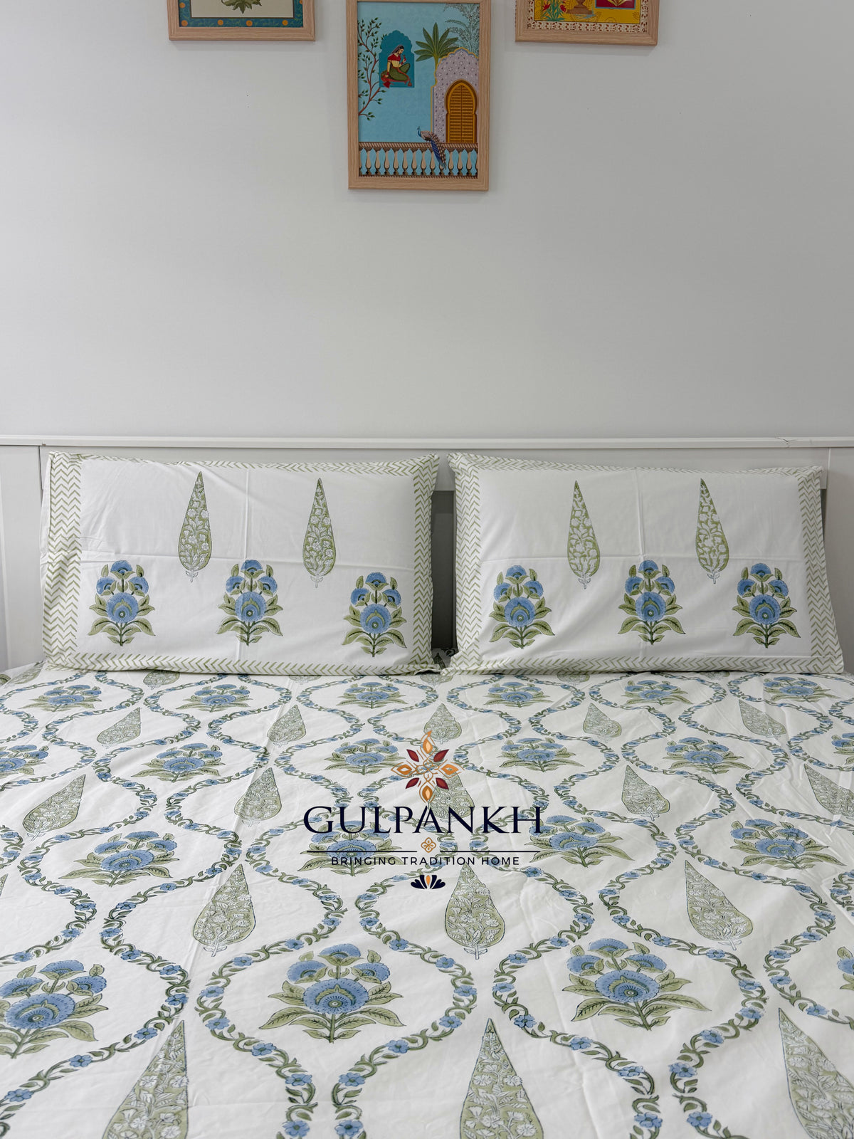 Hand Block Printed King Fitted Bedsheet - Neel Angan | Gulpankh Canada