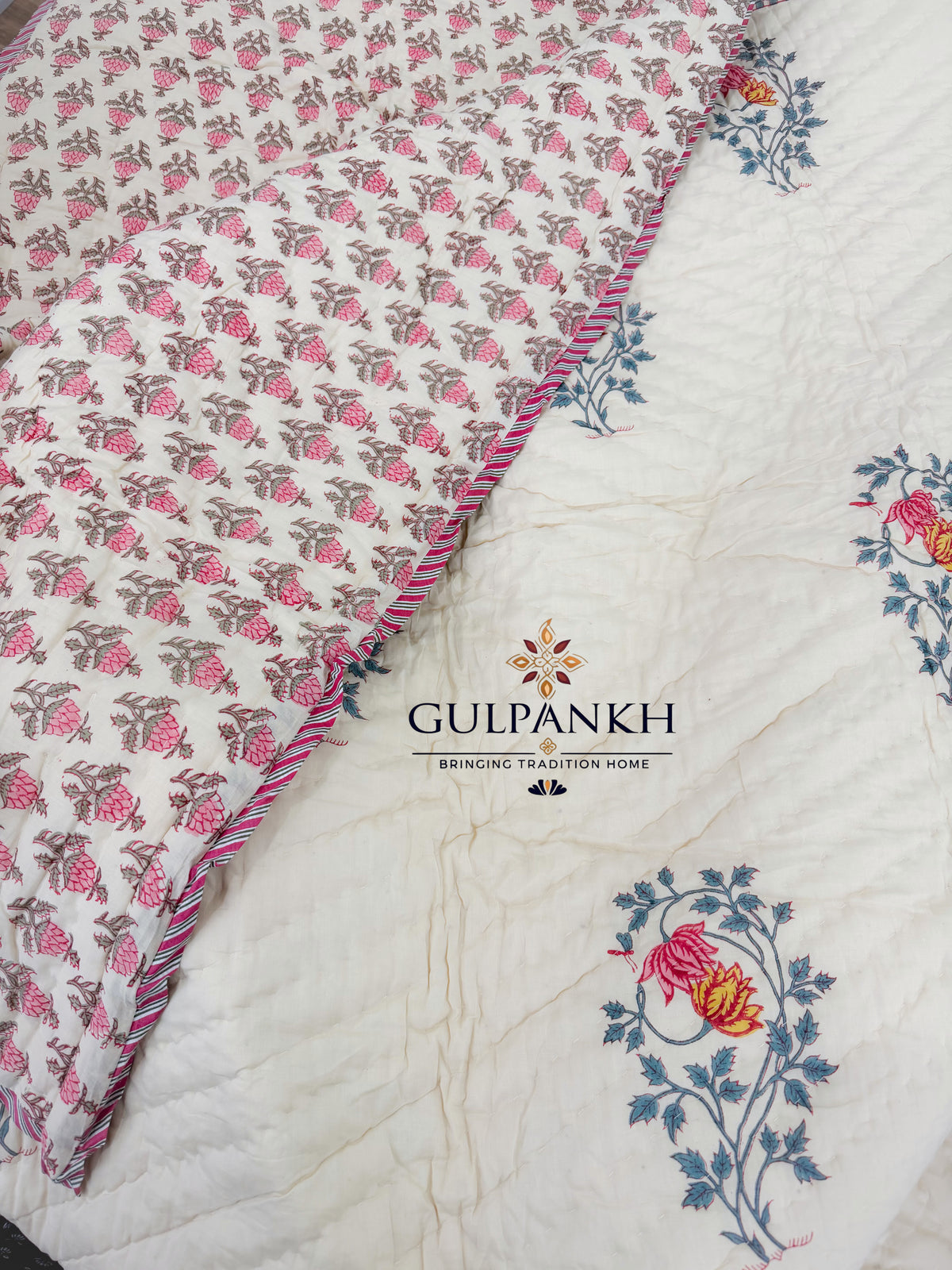 Hand Block Printed Reversible Cotton Quilt - Ivory Rose Meadow | Gulpankh Canada
