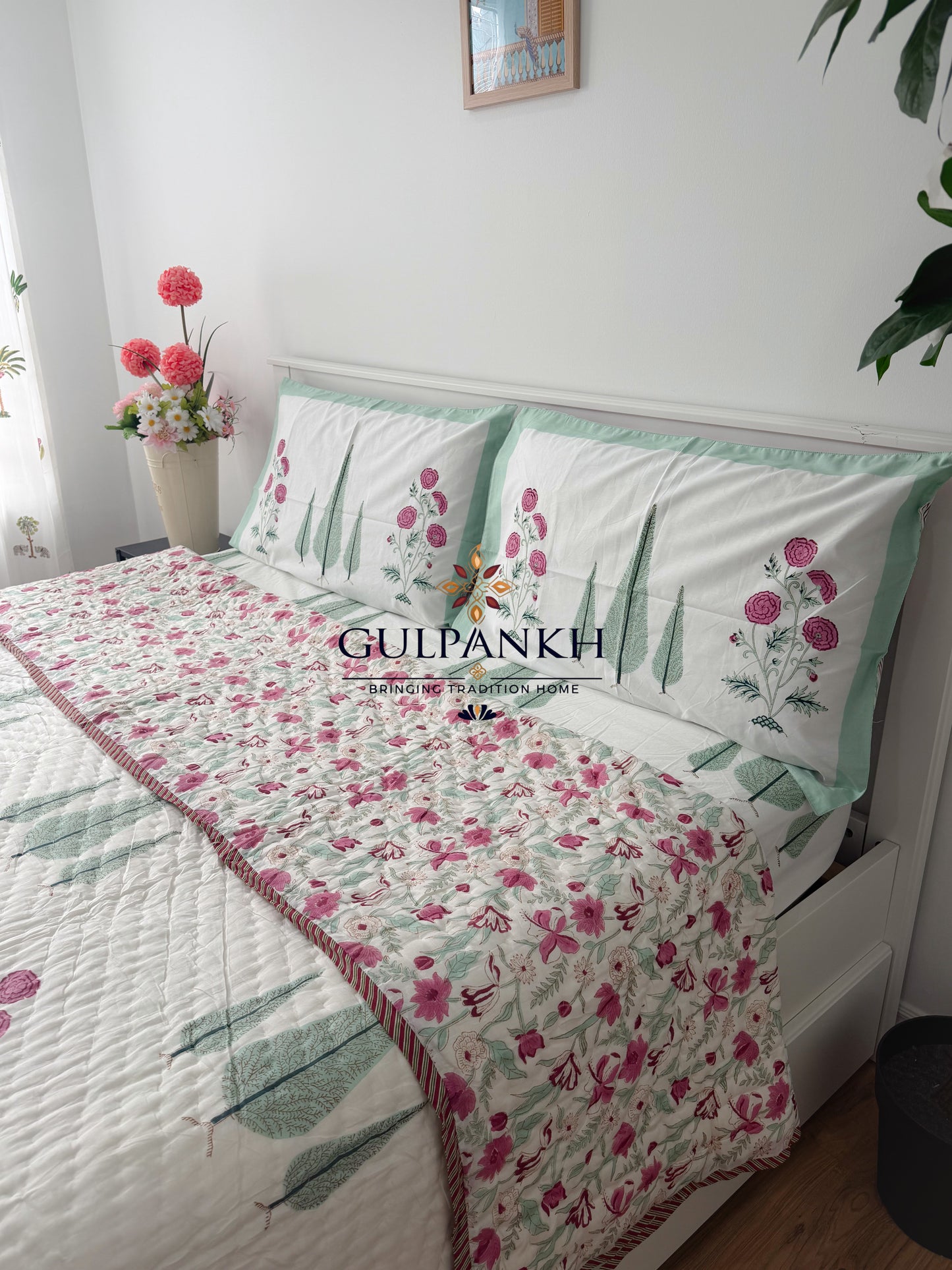 Hand Block Printed Cotton Bedding Set with Quilt - Firdaus Blossom | Gulpankh Canada