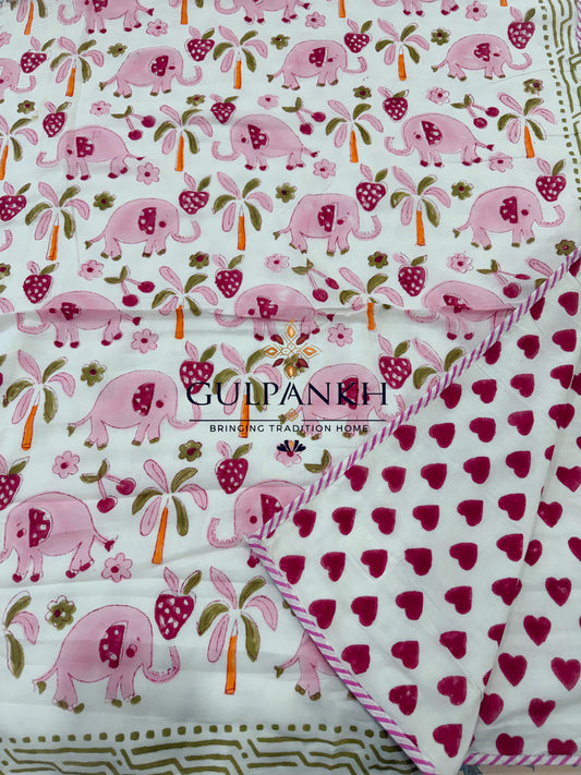 Hand Block Printed Mulmul Cotton Kids Dohar - Strawberry Elephant Parade | Gulpankh Canada