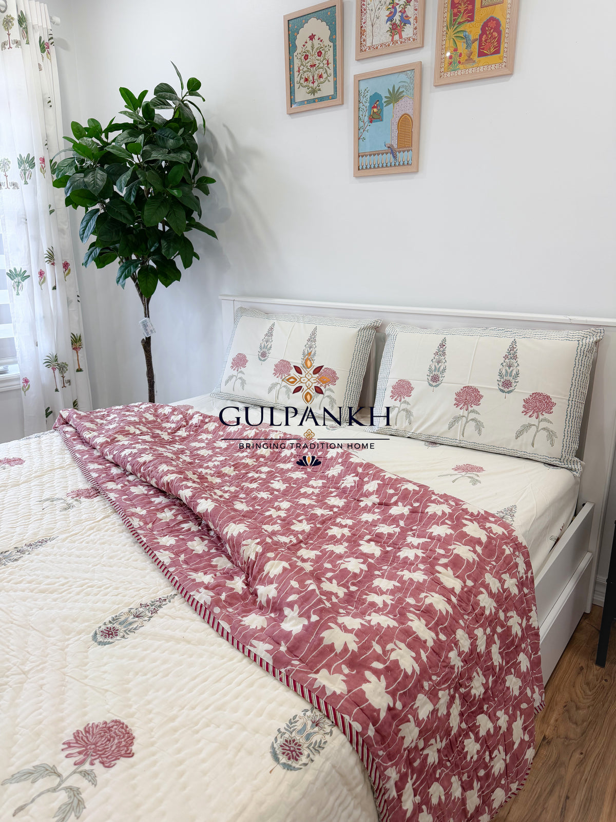 Hand Block Printed Cotton Bedding Set with Quilt - Gulnaar Ivory Bagh | Gulpankh Canada