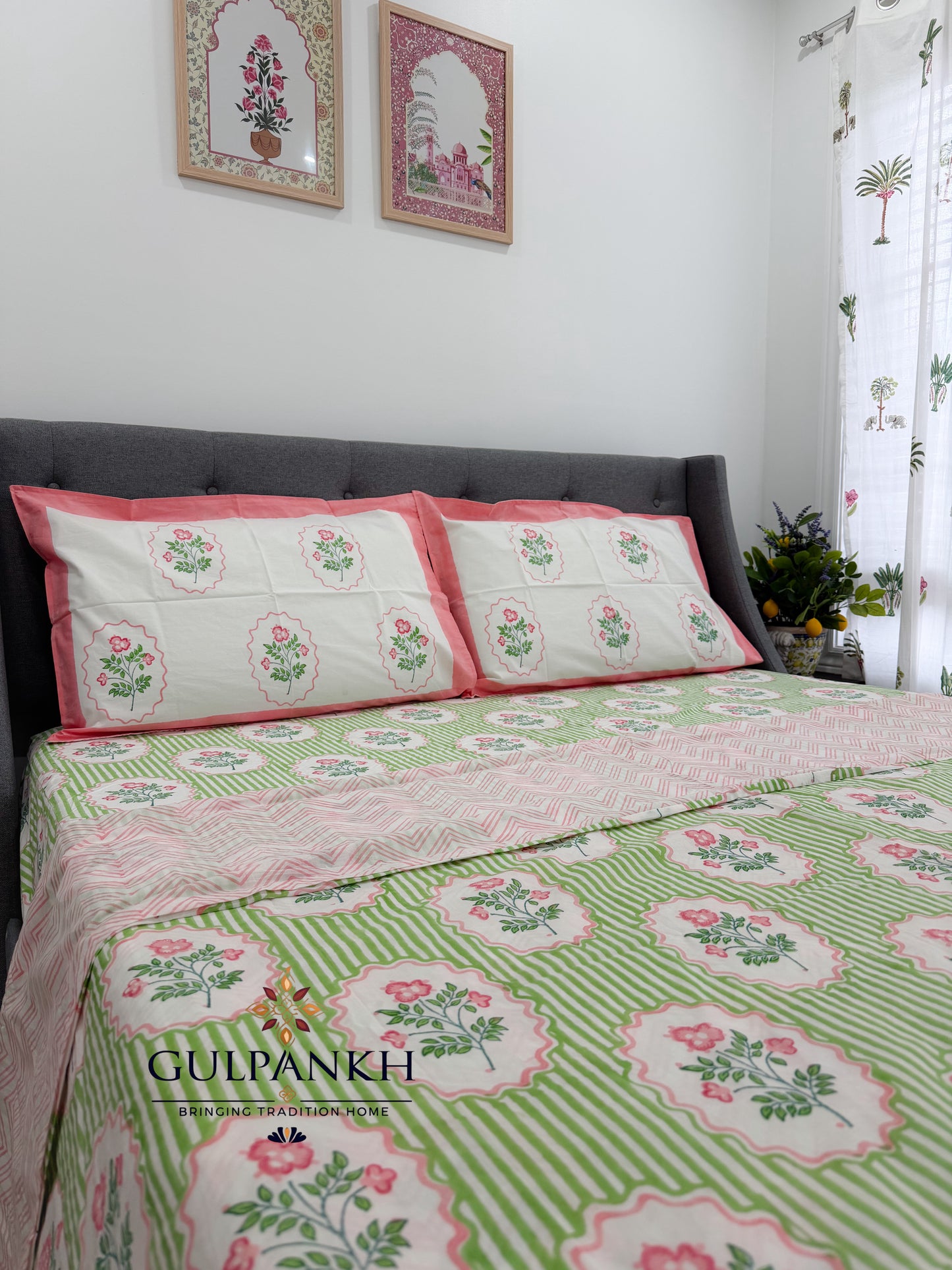 Blush Meadow Hand Block Printed Cotton Bedsheet with Matching Duvet Cover | Gulpankh Canada
