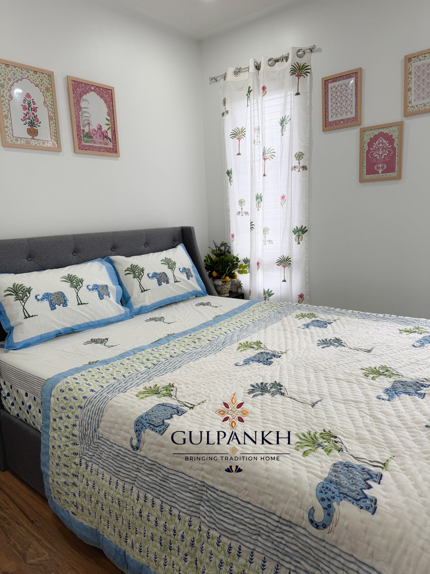 Royal Elephant Garden Hand Block Printed Cotton Queen Bedding Set with Quilt | Gulpankh Canada