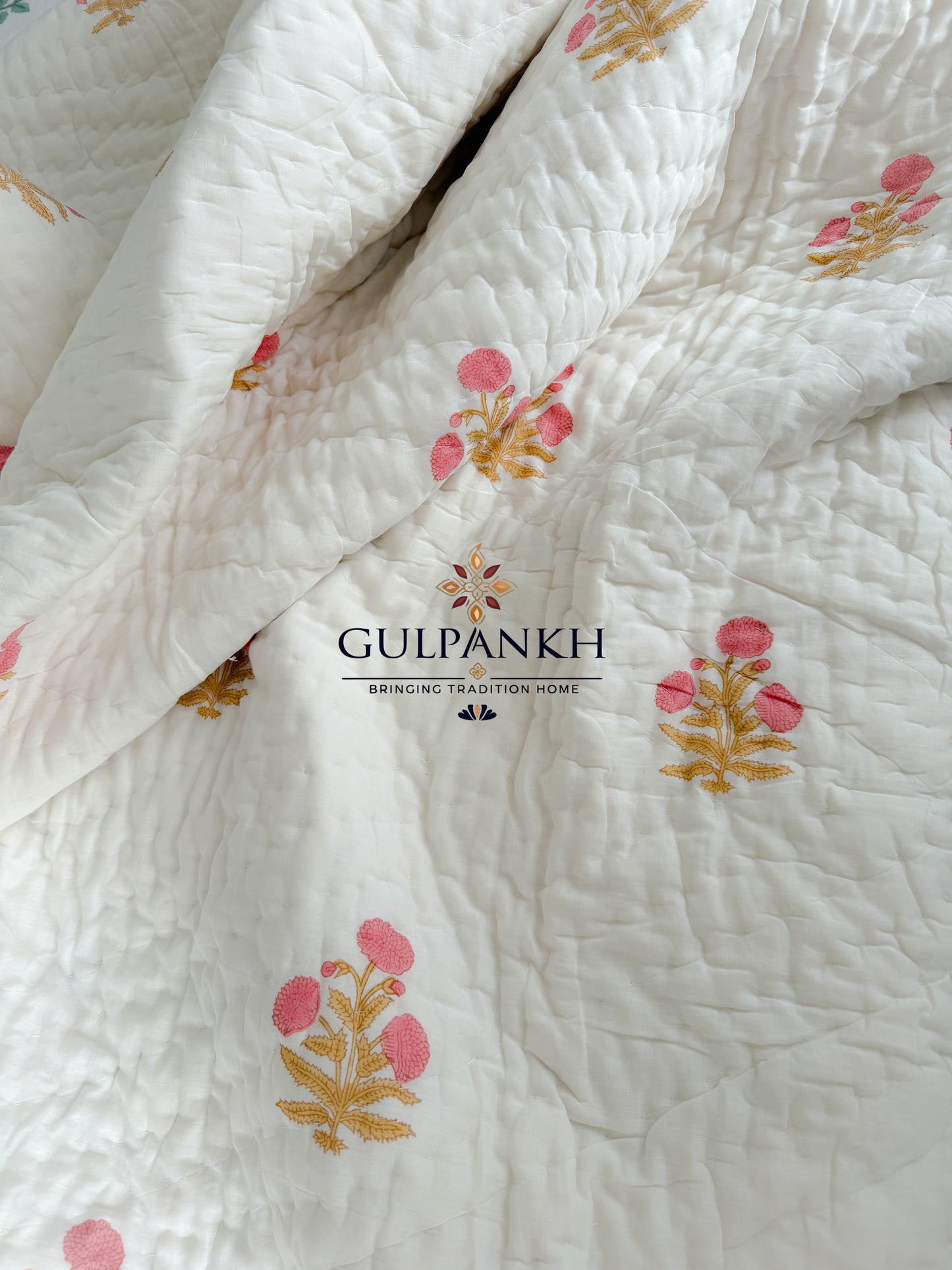 Hand Block Printed Cotton Quilt - Ivory Blossom Buta | Gulpankh Canada